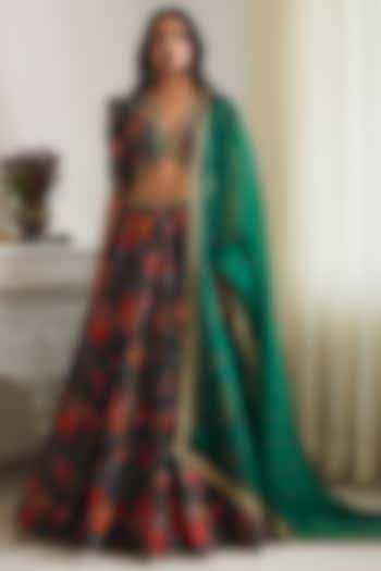 Emerald Green Chiffon Floral Printed & Embroidered Wedding Lehenga Set by Shasha Gaba at Pernia's Pop Up Shop