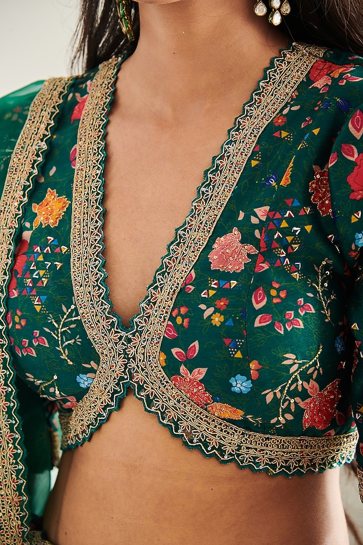 Emerald Green Chiffon Floral Printed & Embroidered Wedding Lehenga Set by Shasha Gaba at Pernia's Pop Up Shop
