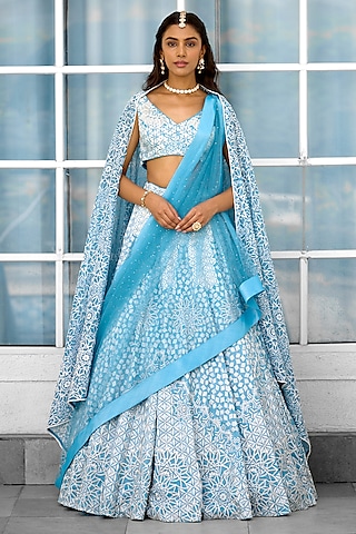 Blue Tissue Lehenga Set by Shasha Gaba