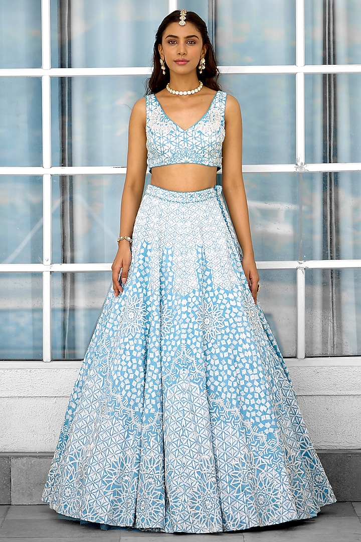 Blue Tissue Bridal Lehenga Set by Shasha Gaba at Pernia's Pop Up Shop