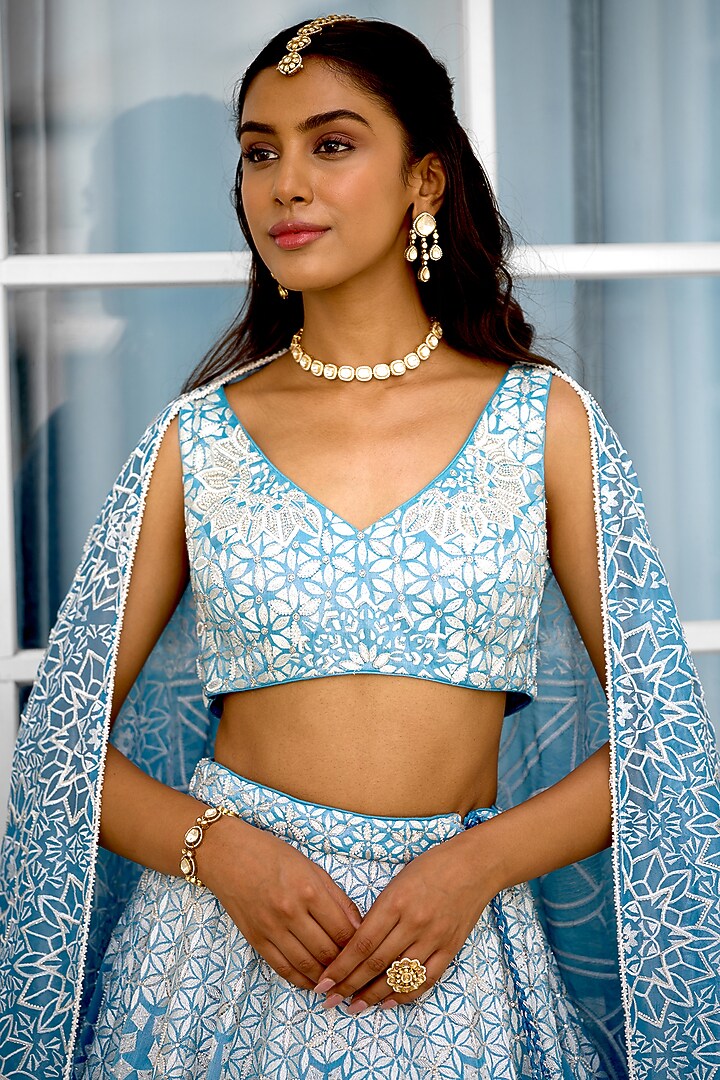 Blue Tissue Bridal Lehenga Set by Shasha Gaba at Pernia's Pop Up Shop