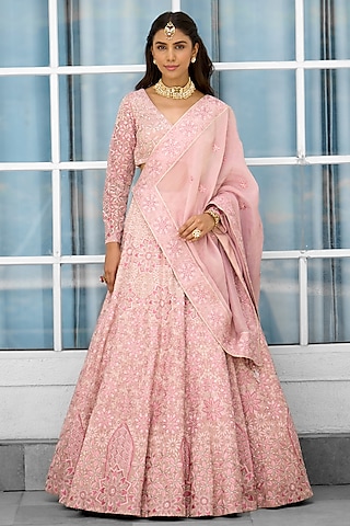 Pink Tissue Hand Embellished Lehenga Set by Shasha Gaba