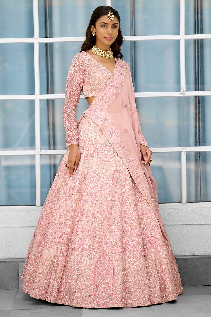 Pink Tissue Hand Embellished Bridal Lehenga Set by Shasha Gaba at Pernia's Pop Up Shop