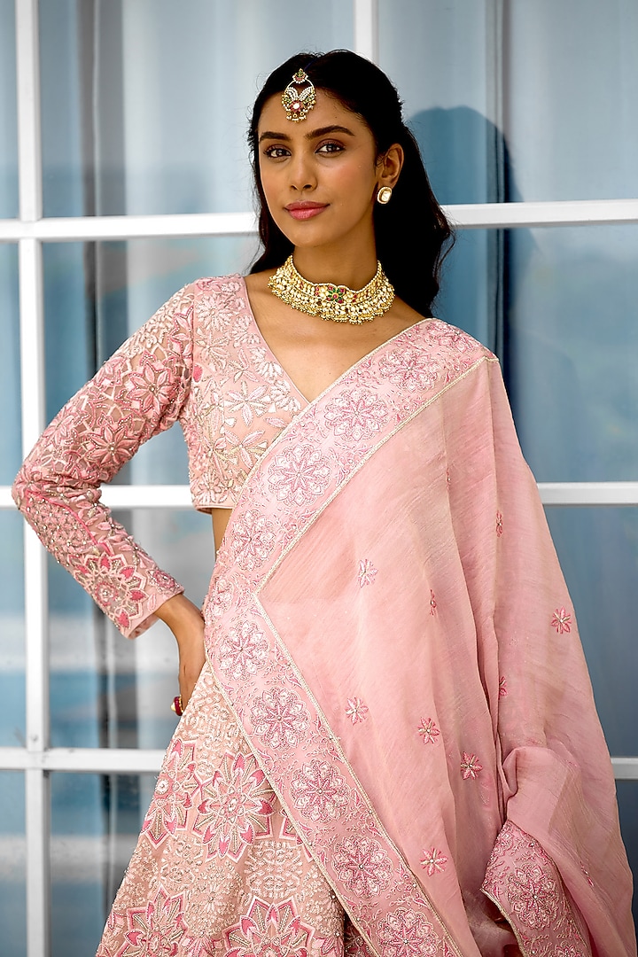 Pink Tissue Hand Embellished Bridal Lehenga Set by Shasha Gaba at Pernia's Pop Up Shop