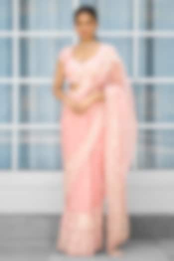 Pink Silk Organza Hand Embellished Reception Saree Set by Shasha Gaba at Pernia's Pop Up Shop