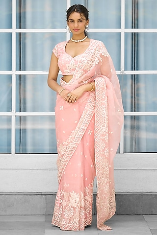 Pink Silk Organza Hand Embellished Saree Set by Shasha Gaba