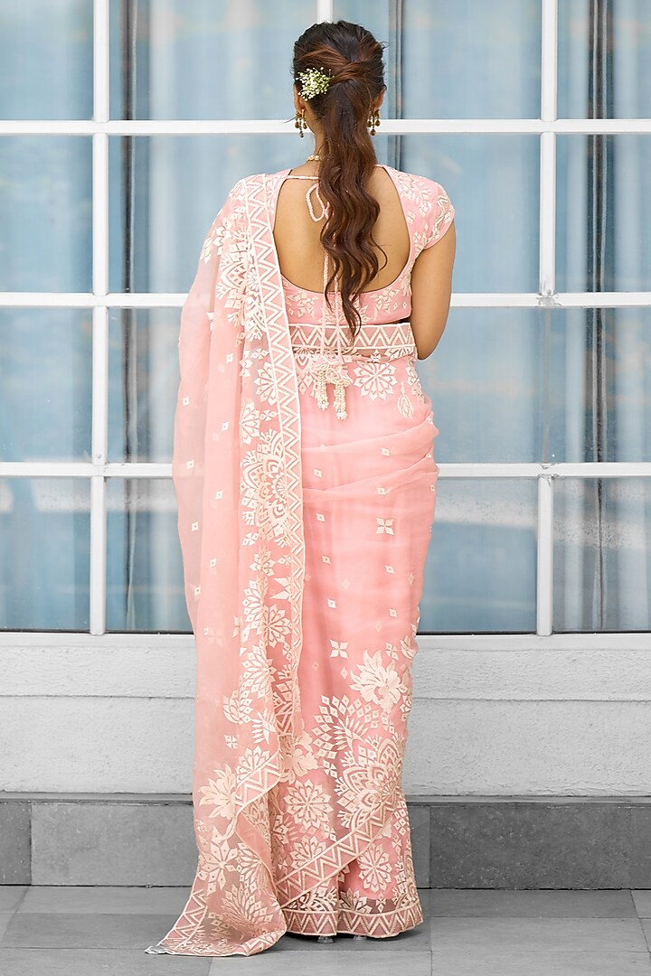 Pink Silk Organza Hand Embellished Reception Saree Set by Shasha Gaba at Pernia's Pop Up Shop