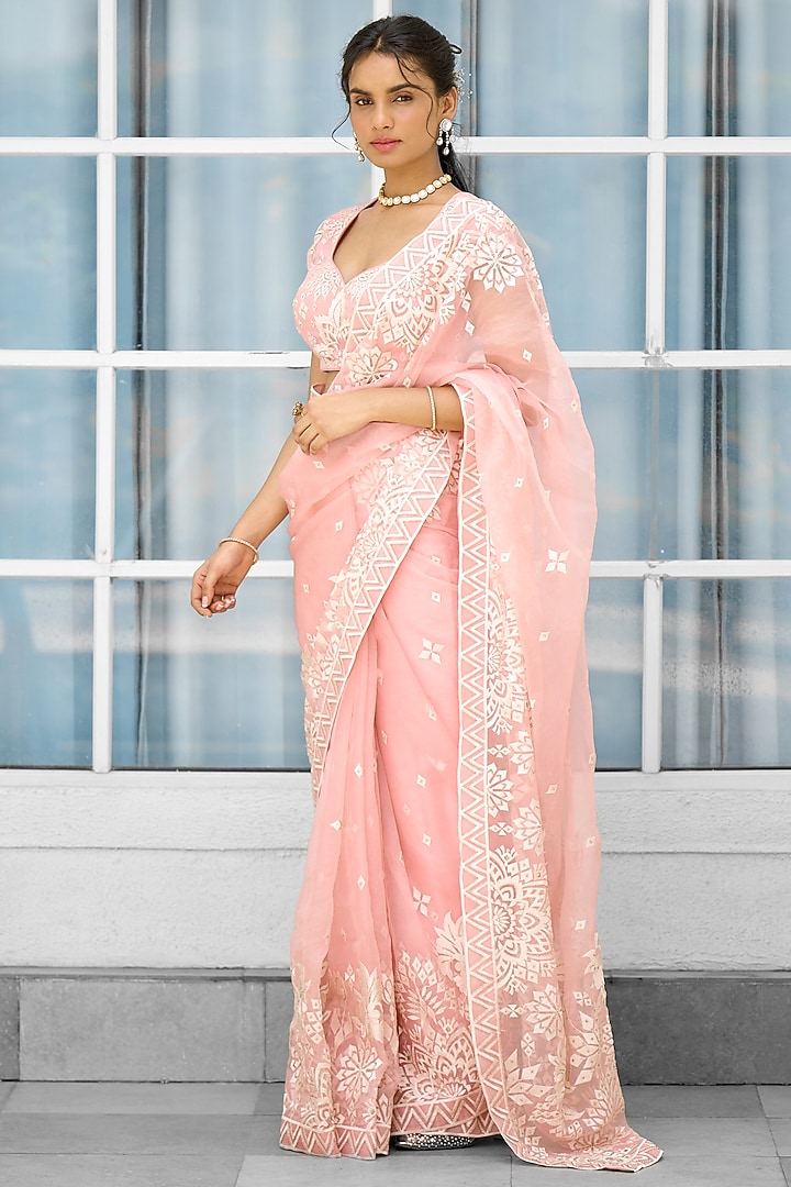 Pink Silk Organza Hand Embellished Reception Saree Set by Shasha Gaba at Pernia's Pop Up Shop