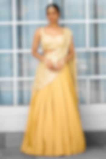 Yellow Tissue Hand Embellished Wedding Lehenga Saree Set by Shasha Gaba at Pernia's Pop Up Shop