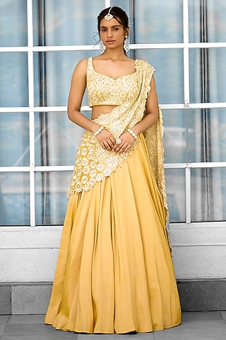 Yellow Tissue Hand Embellished Lehenga Saree Set by Shasha Gaba