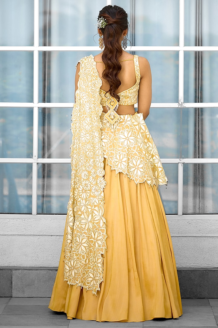 Yellow Tissue Hand Embellished Wedding Lehenga Saree Set by Shasha Gaba at Pernia's Pop Up Shop