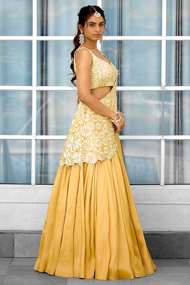 Yellow Tissue Hand Embellished Wedding Lehenga Saree Set by Shasha Gaba at Pernia's Pop Up Shop