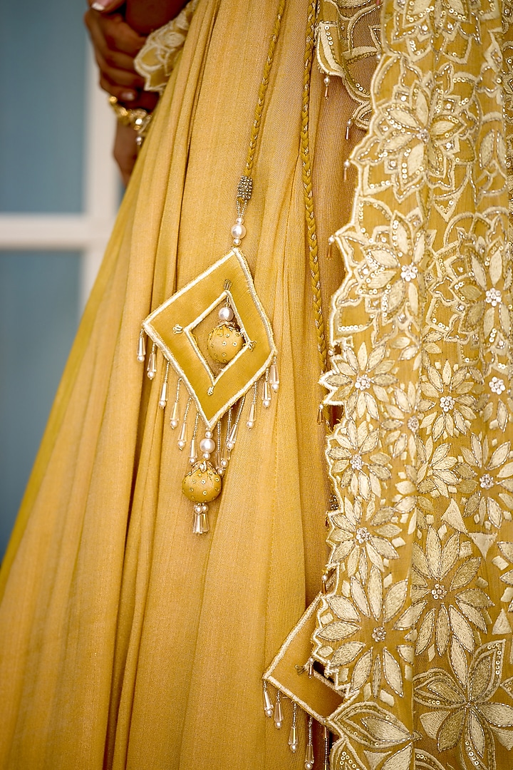 Yellow Tissue Hand Embellished Wedding Lehenga Saree Set by Shasha Gaba at Pernia's Pop Up Shop