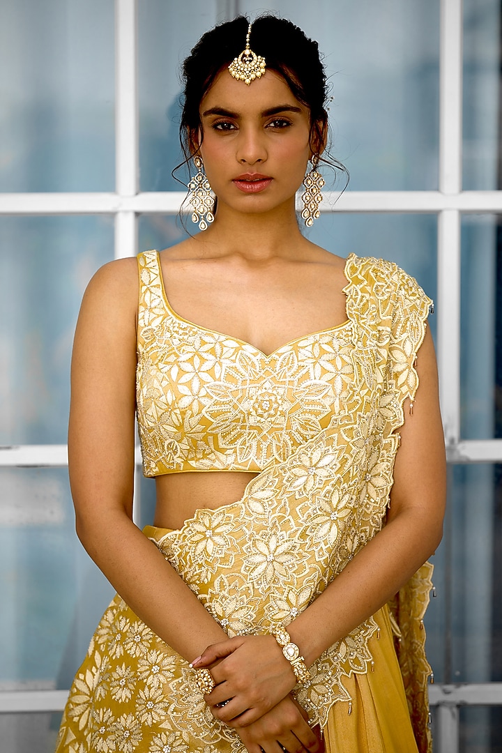 Yellow Tissue Hand Embellished Wedding Lehenga Saree Set by Shasha Gaba at Pernia's Pop Up Shop