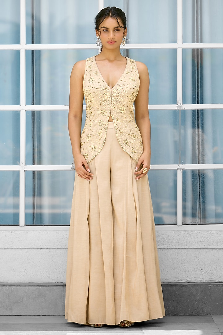 Golden Tissue Hand Embellished Co-Ord Set by Shasha Gaba at Pernia's Pop Up Shop