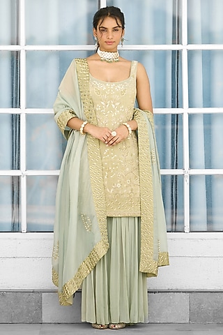 Green Tissue Sharara Set by Shasha Gaba