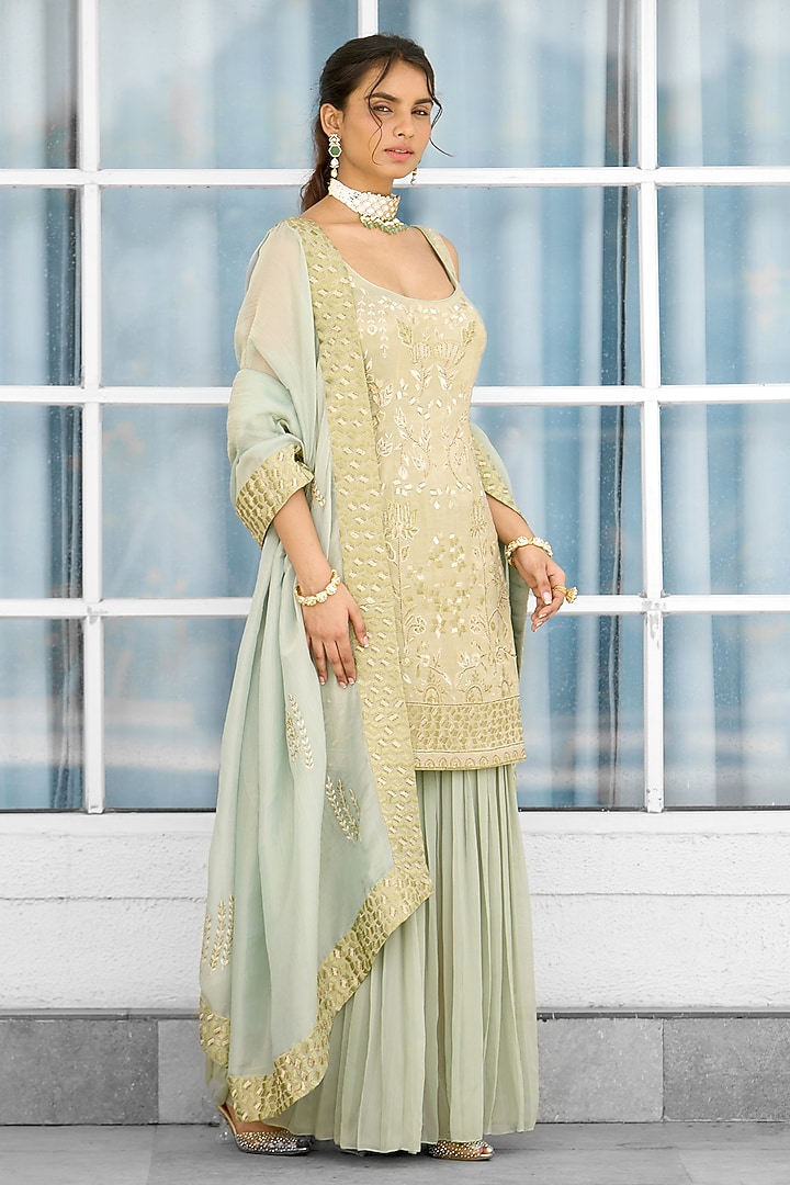Green Tissue Wedding Sharara Set by Shasha Gaba at Pernia's Pop Up Shop