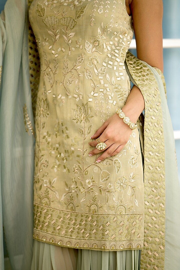 Green Tissue Wedding Sharara Set by Shasha Gaba at Pernia's Pop Up Shop