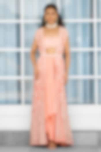 Peach Net & Satin Hand Embellished Jacket Set by Shasha Gaba at Pernia's Pop Up Shop