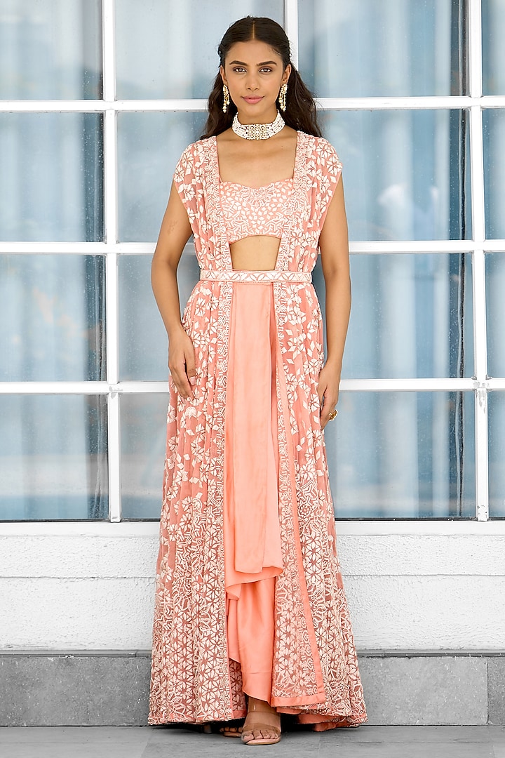 Peach Net & Satin Hand Embellished Jacket Set by Shasha Gaba at Pernia's Pop Up Shop