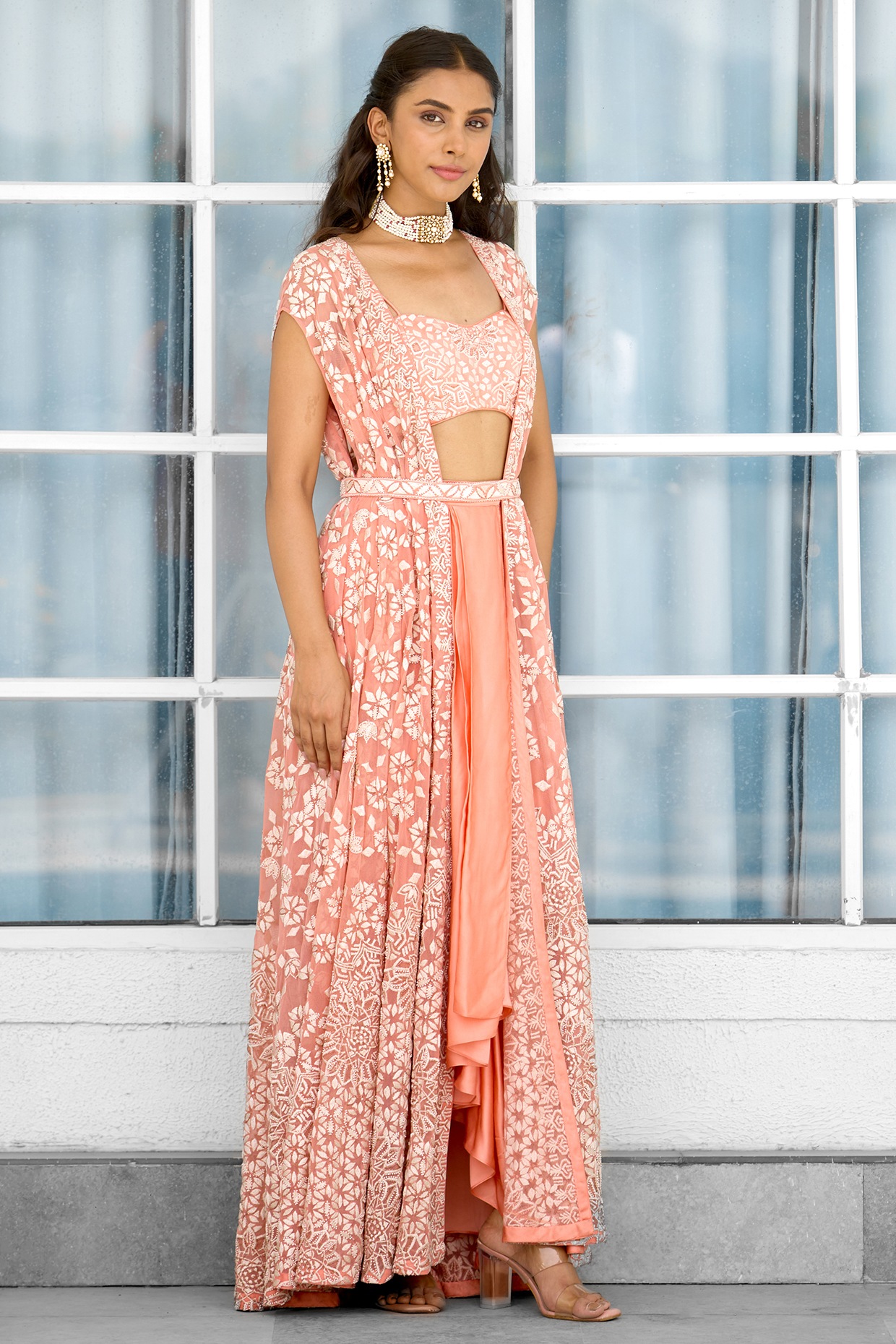 Peach Net & Satin Hand Embellished Jacket Set by Shasha Gaba at