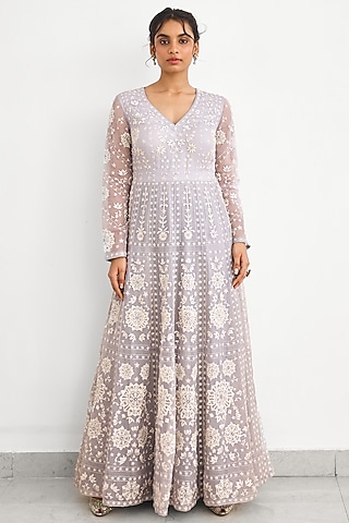 Grey Net Gown by Shasha Gaba
