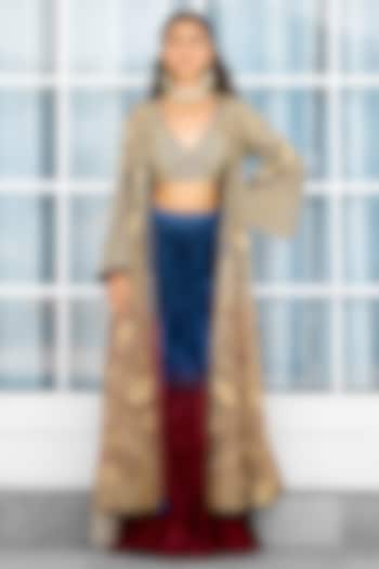Blue & Red Ombre Net Cape Set by Shasha Gaba at Pernia's Pop Up Shop
