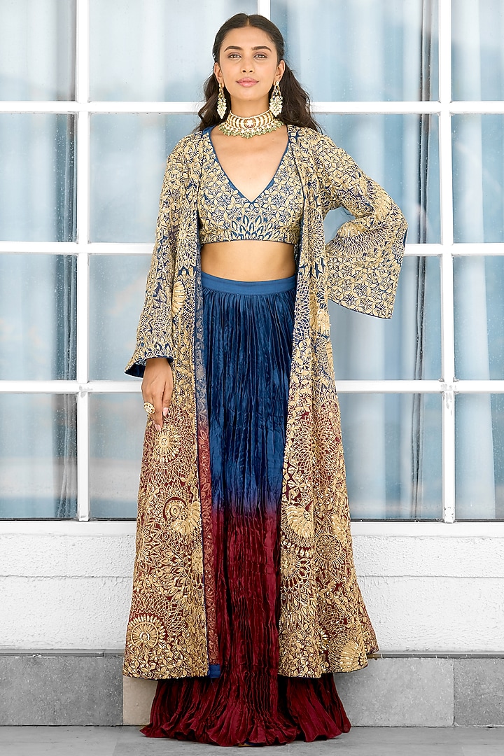 Blue & Red Ombre Net Cape Set by Shasha Gaba at Pernia's Pop Up Shop