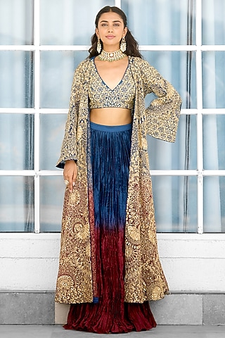 Blue & Red Ombre Net Cape Set by Shasha Gaba