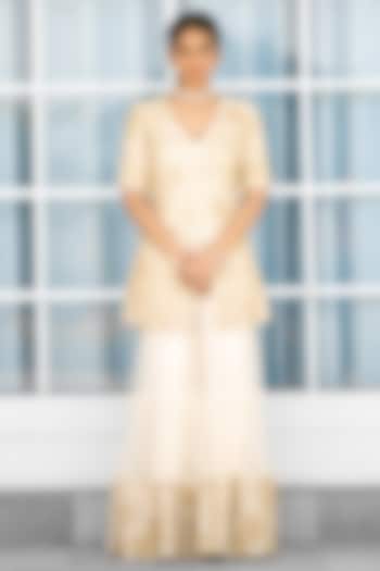 Ivory & Golden Tissue Wedding Sharara Set by Shasha Gaba at Pernia's Pop Up Shop