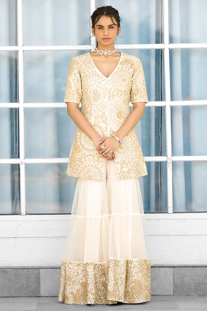Ivory & Golden Tissue Wedding Sharara Set by Shasha Gaba at Pernia's Pop Up Shop
