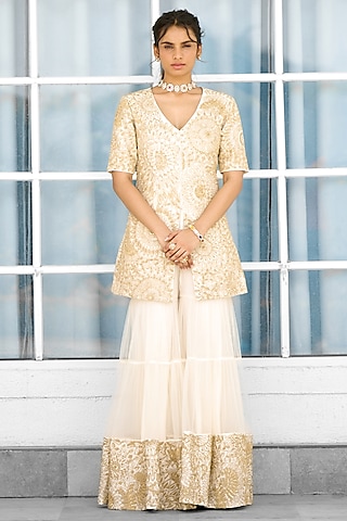 Ivory & Golden Tissue Sharara Set by Shasha Gaba