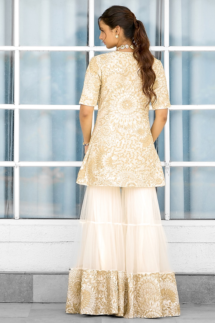 Ivory & Golden Tissue Wedding Sharara Set by Shasha Gaba at Pernia's Pop Up Shop