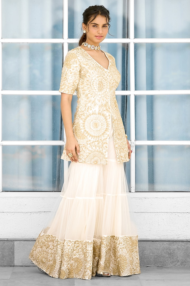 Ivory & Golden Tissue Wedding Sharara Set by Shasha Gaba at Pernia's Pop Up Shop