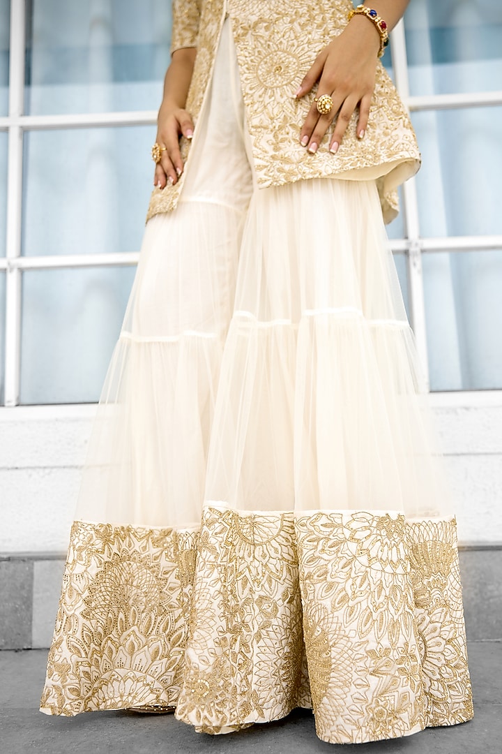 Ivory & Golden Tissue Wedding Sharara Set by Shasha Gaba at Pernia's Pop Up Shop