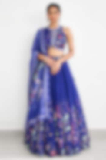Blue Chanderi Printed  dulhan bday 22 may Lehenga Set by Shasha Gaba at Pernia's Pop Up Shop
