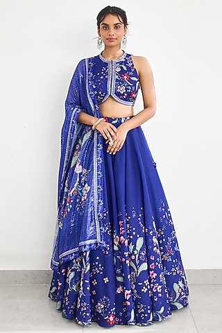Blue Chanderi Printed Lehenga Set by Shasha Gaba