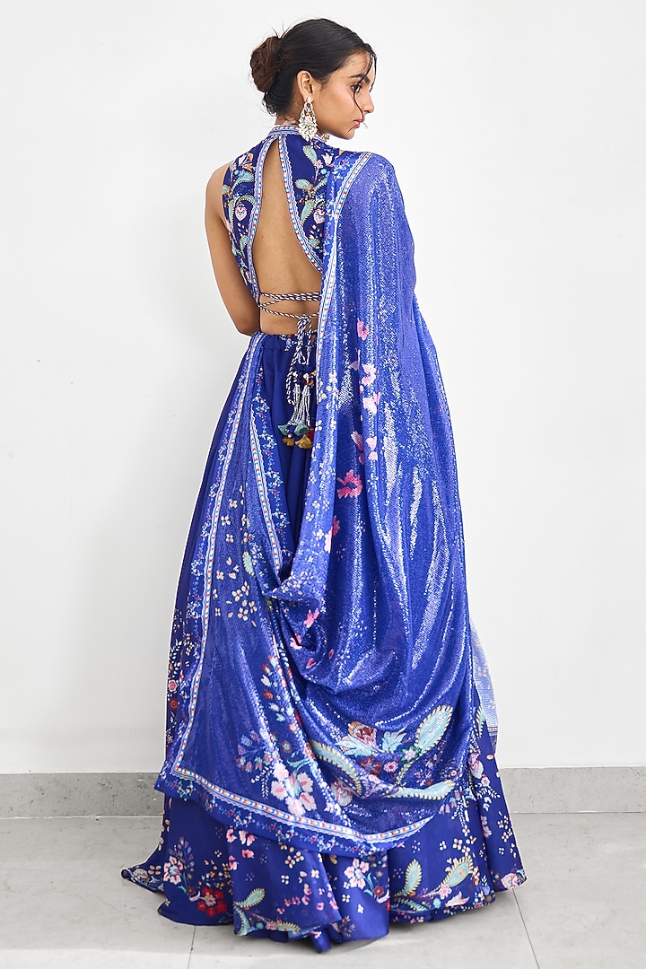 Blue Chanderi Printed Wedding Lehenga Set by Shasha Gaba at Pernia's Pop Up Shop