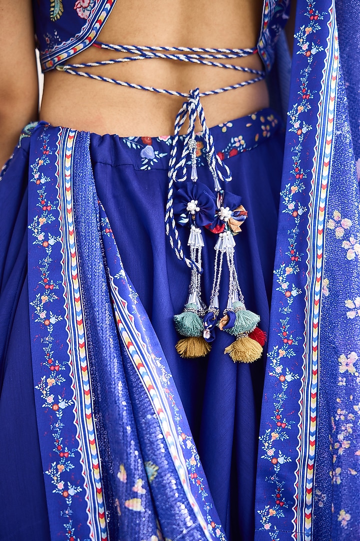 Blue Chanderi Printed Wedding Lehenga Set by Shasha Gaba at Pernia's Pop Up Shop