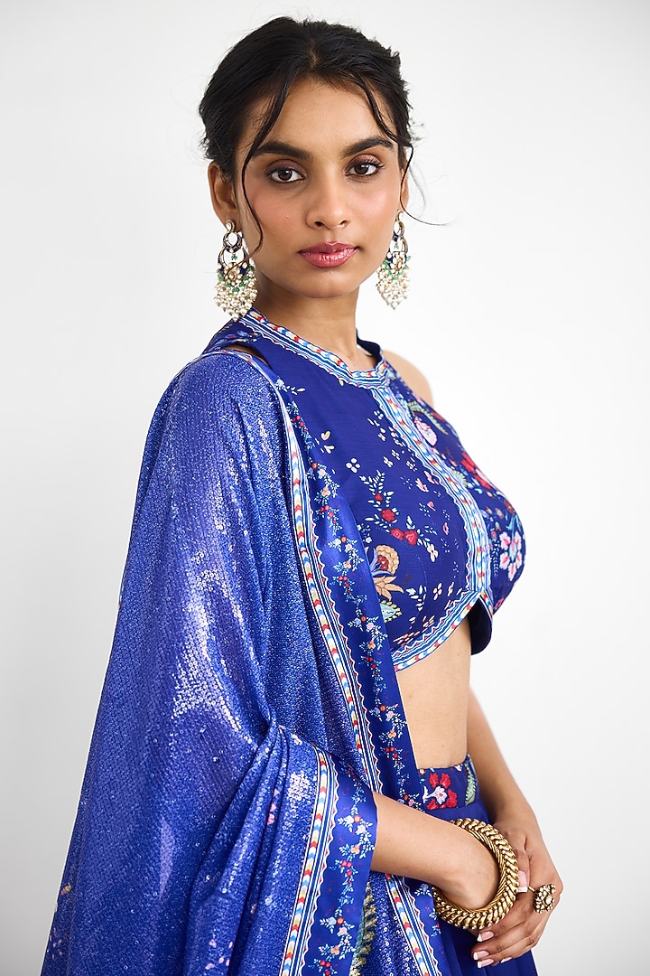 Blue Chanderi Printed Wedding Lehenga Set by Shasha Gaba at Pernia's Pop Up Shop
