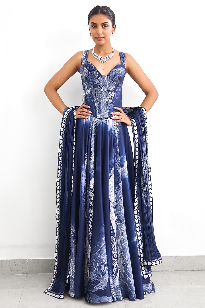Blue Satin Silk  dulhan bday 22 may Lehenga Set by Shasha Gaba at Pernia's Pop Up Shop