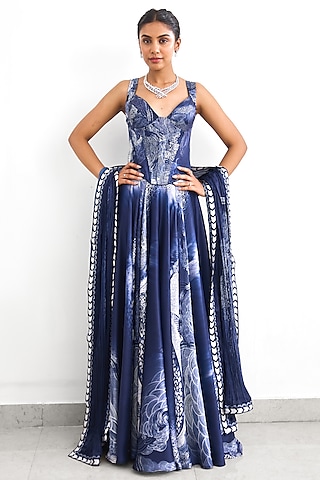Blue Satin Silk Lehenga Set by Shasha Gaba