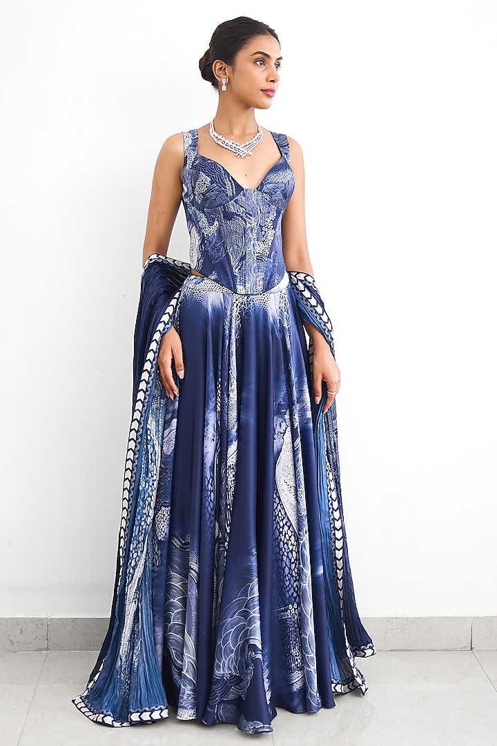 Blue Satin Silk Wedding Lehenga Set by Shasha Gaba at Pernia's Pop Up Shop