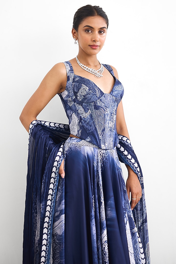 Blue Satin Silk Wedding Lehenga Set by Shasha Gaba at Pernia's Pop Up Shop