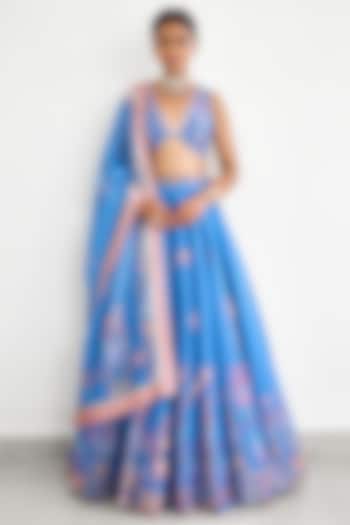 Blue Chanderi Printed  dulhan bday 22 may Lehenga Set by Shasha Gaba at Pernia's Pop Up Shop