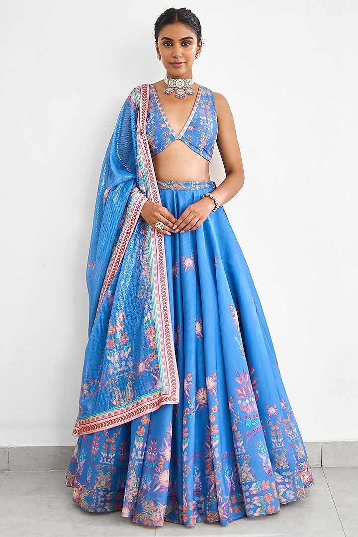 Blue Chanderi Printed  dulhan bday 22 may Lehenga Set by Shasha Gaba at Pernia's Pop Up Shop