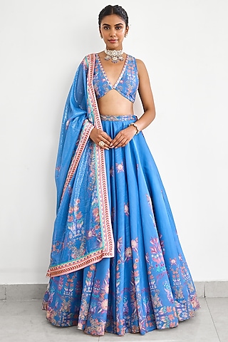 Blue Chanderi Printed Lehenga Set by Shasha Gaba