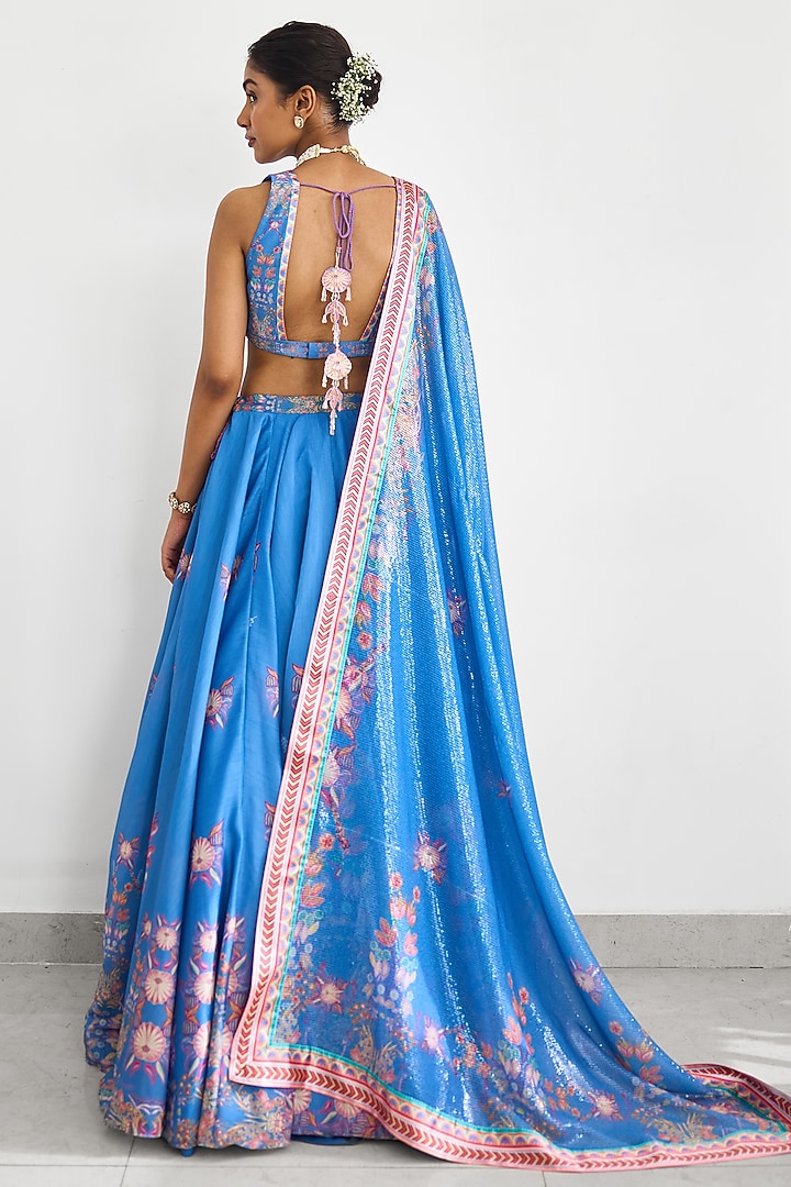 Blue Chanderi Printed Wedding Lehenga Set by Shasha Gaba at Pernia's Pop Up Shop