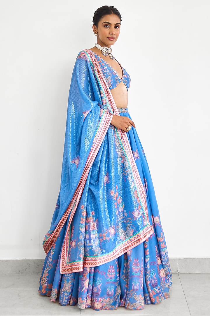 Blue Chanderi Printed Wedding Lehenga Set by Shasha Gaba at Pernia's Pop Up Shop