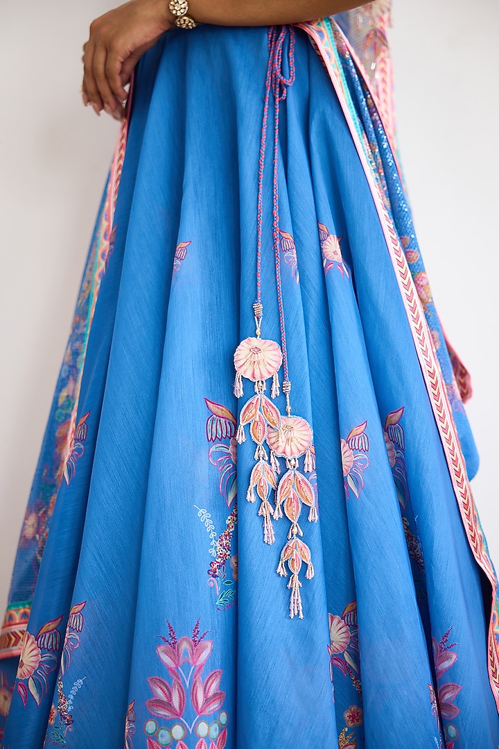 Blue Chanderi Printed Wedding Lehenga Set by Shasha Gaba at Pernia's Pop Up Shop